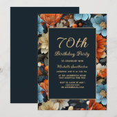 Invitation Fleurs bleues oranges pour tous âges 70 ans (Devant / Derrière)