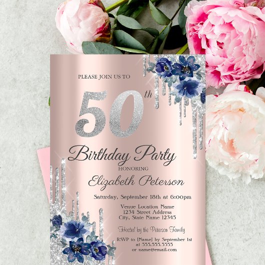 Invitation Fleurs Bleues Paillettes Gouttes Rose Gold 50e Ann