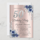 Invitation Fleurs Bleues Paillettes Gouttes Rose Gold 50e Ann (Devant)