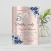 Invitation Fleurs Bleues Paillettes Gouttes Rose Gold 50e Ann (Debout devant)