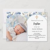 Invitation Fleurs bleues photo arc garçon cross Baptême (Devant)