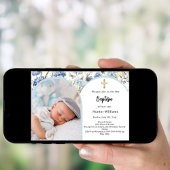 Invitation Fleurs bleues photo arc garçon cross Baptême