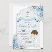Invitation Fleurs bleues poussiéreuses Garçon première commun (Devant)