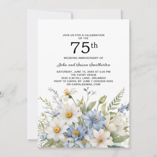 Invitation Fleurs bleues poussiéreuses Marguerites blanches 7 (Devant)