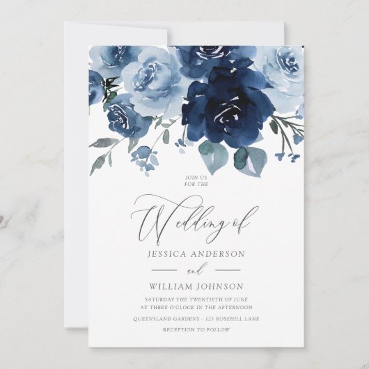 Invitation Fleurs bleues poussiéreuses Mariage élégant (Devant)