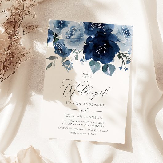 Invitation Fleurs bleues poussiéreuses Mariage élégant