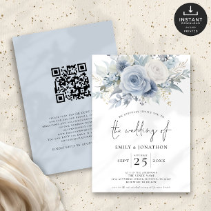 Invitation Fleurs bleues poussiéreuses modernes Code QR Maria