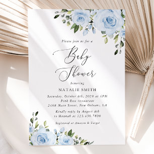 Invitation Fleurs bleues poussiéreuses, Verdure, Boho, Baby s