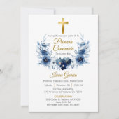 Invitation Fleurs bleues Première communion de gerbe en espag (Devant)