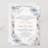 Invitation Fleurs bleues première communion en espagnol catho (Devant)