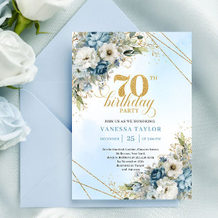 Invitation Fleurs bleues raffinées aquarelle or 70e anniversa
