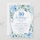 Invitation Fleurs bleues romantiques eucalyptus et argent 30e (Devant)