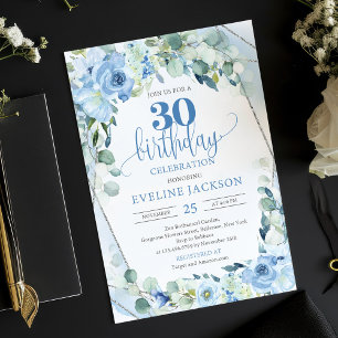 Invitation Fleurs bleues romantiques eucalyptus et argent 30e