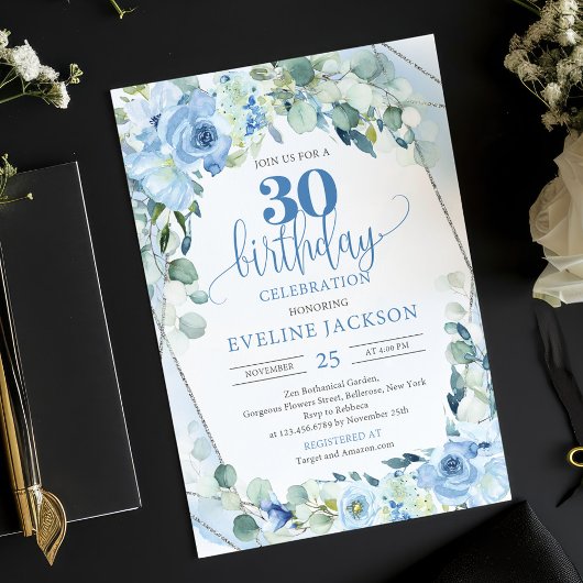 Invitation Fleurs bleues romantiques eucalyptus et argent 30e