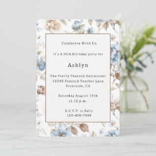 Invitation Fleurs bleues romantiques Feuilles brunes Annivers