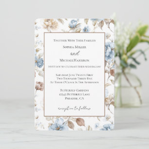 Invitation Fleurs bleues romantiques Feuilles brunes Mariage