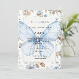 Invitation Fleurs Bleues Romantiques Papillon Brun Anniversai