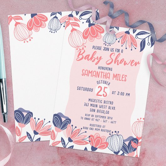 Invitation Fleurs Bleues Rose Cute Baby shower Botanique