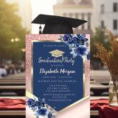 Invitation Fleurs bleues Rose Parties scintillant or Graduati
