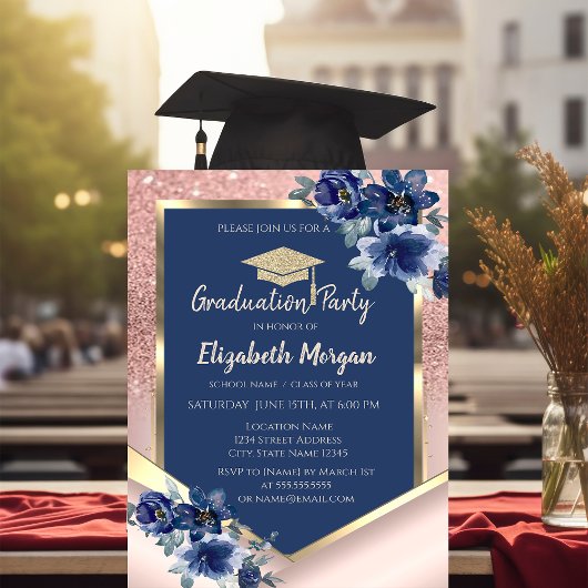 Invitation Fleurs bleues Rose Parties scintillant or Graduati