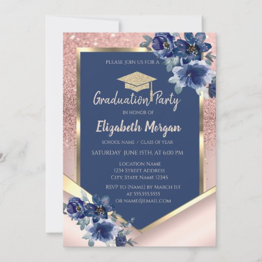 Invitation Fleurs bleues Rose Parties scintillant or Graduati (Devant)