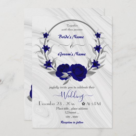 Invitation fleurs bleues royales argent couronne mariage invi (Devant / Derrière)