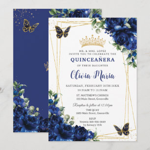 Invitation Fleurs bleues royales Floral Quinceañera Papillons