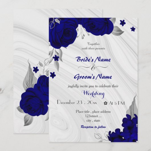 Invitation fleurs bleues royales gris argenté mariage (Devant / Derrière)
