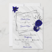 Invitation fleurs bleues royales gris argenté mariage géométr (Devant)