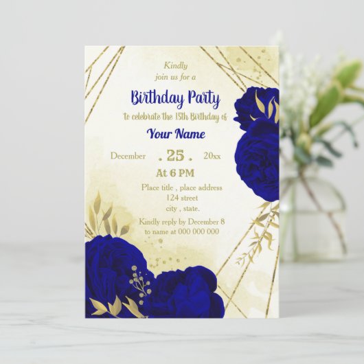 Invitation Fleurs bleues royales or feuilles anniversaire (Debout devant)