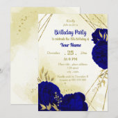Invitation Fleurs bleues royales or feuilles anniversaire (Devant / Derrière)