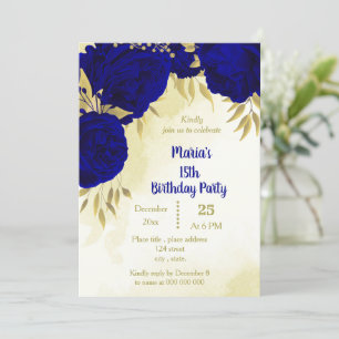 Invitation Fleurs bleues royales or feuilles anniversaire
