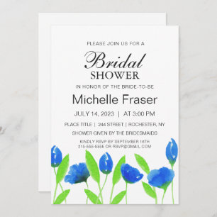 Invitation Fleurs bleues rustiques. Fête des mariées aérienne