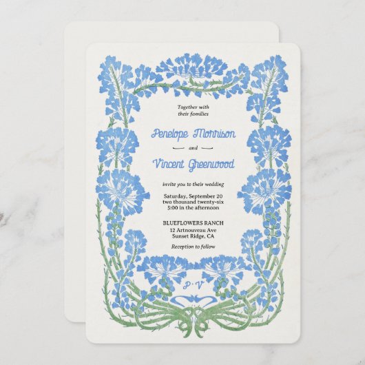 Invitation Fleurs bleues sauvages Letterpress Style Mariage (Devant / Derrière)