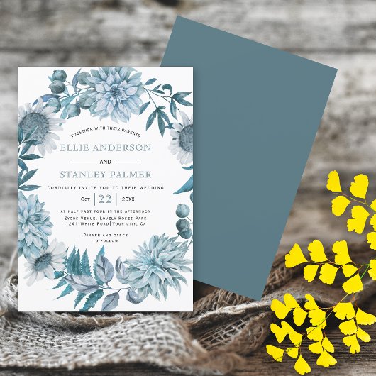 Invitation Fleurs bleues turquoises et mariage de couronne fe