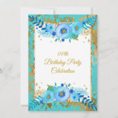 Invitation Fleurs bleues turquoises Gold fête d'anniversaire (Dos)