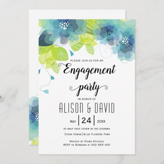 Invitation Fleurs bleues turquoises mariage fiançailles (Devant / Derrière)