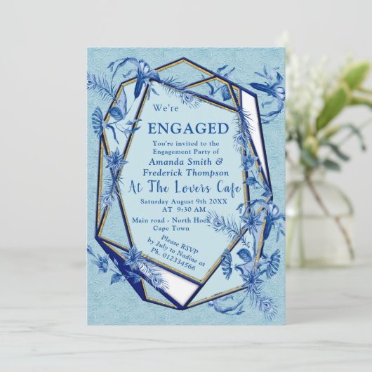 Invitation Fleurs bleues turquoises sur un support texturé sc (Debout devant)