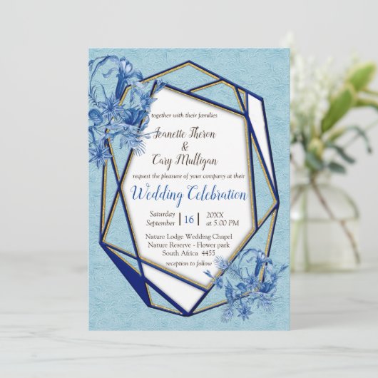 Invitation Fleurs bleues turquoises sur un support texturé sc (Debout devant)