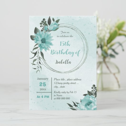 Invitation fleurs bleues verdure anniversaire botanique (Debout devant)