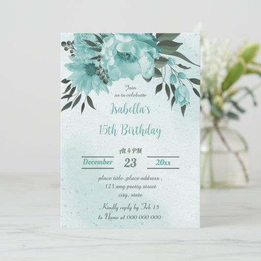 Invitation fleurs bleues verdure anniversaire botanique (Debout devant)