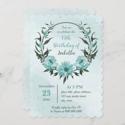 Invitation fleurs bleues verdure anniversaire botanique (Devant / Derrière)