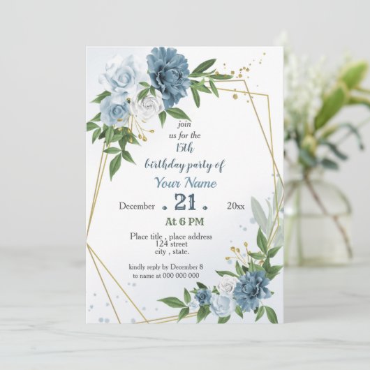 Invitation fleurs bleues verdure anniversaire géométrique (Debout devant)