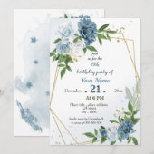 Invitation fleurs bleues verdure anniversaire géométrique (Devant / Derrière)