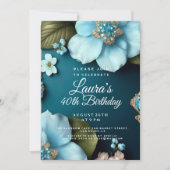 Invitation Fleurs bleues vert feuille or parties scintillant (Devant)