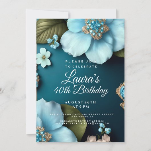 Invitation Fleurs bleues vert feuille or parties scintillant (Devant)