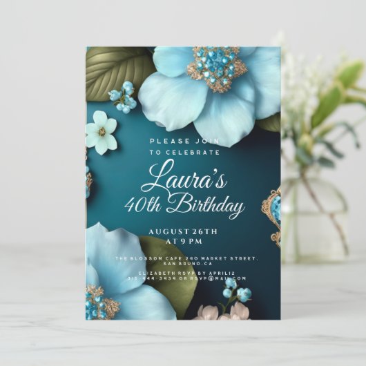 Invitation Fleurs bleues vert feuille or parties scintillant (Debout devant)