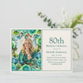 Invitation Fleurs bleues vert sarcelle modernes Photo de 80e (Debout devant)