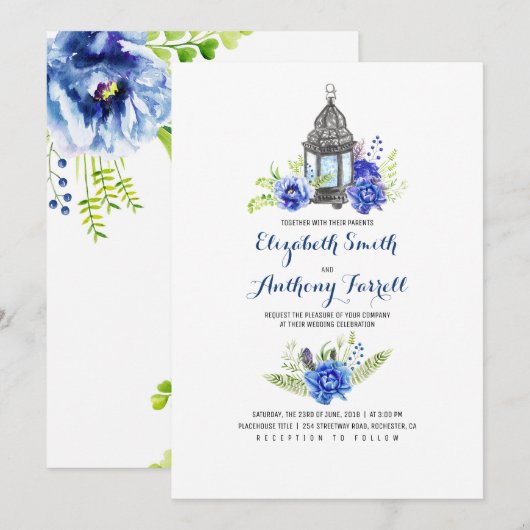 Invitation Fleurs bleues Vintage lanterne Mariage aquarelle (Devant / Derrière)