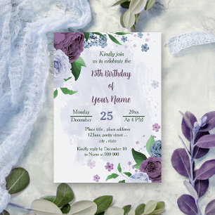 Invitation Fleurs bleues violettes vert feuilles anniversaire
